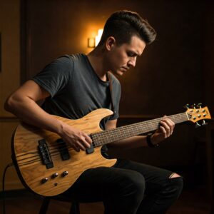 Musician playing a 5 string acoustic bass guitar.