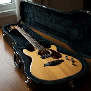 A 5 string acoustic electric bass guitar shown with its protective case.