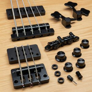"Detailed view of the hardware components of a high-quality best 5 string bass."
