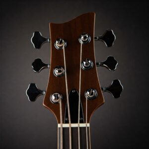 Detail of the headstock and tuning mechanisms on a 5 string acoustic electric bass guitar.