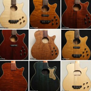 Various wood types and finishes for a 5 string acoustic electric bass guitar.