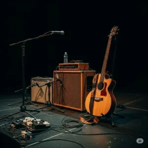 "Acoustic bass amp set up on stage for a live performance, providing clear amplification for a bassist."