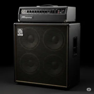 Ampeg bass amp head stacked on top of a matching Ampeg cabinet, forming a complete bass rig setup for powerful stage presence.