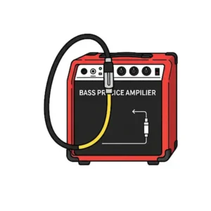 A simple illustration demonstrating a bass guitar cable connecting to the input of a bass practice amp, ready for an effective practice session.