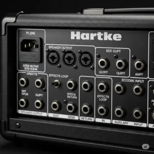 Rear view of a Hartke bass guitar amp, highlighting various input and output connections.