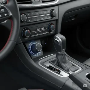 An illustration depicting a bass knob for amp discreetly mounted within a car's interior, providing easy access for audio adjustments.