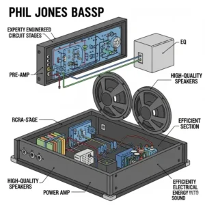 Simplified diagram showing the internal components of a Phil Jones Bass Amp, illustrating its high-quality speakers and efficient power section.