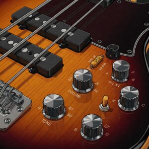 Illustration highlighting the knobs and electronic components of a 6-string electric bass guitar, indicating sound shaping capabilities. Six String Bass Guitar