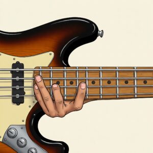 Illustration showing the fretboard and six strings of an electric 6-string electric bass guitar, emphasizing finger positioning. Six String Bass Guitar