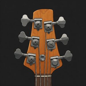 Close-up illustration of a 6-string electric bass guitar headstock with tuning pegs, highlighting precision tuning. Six String Bass Guitar