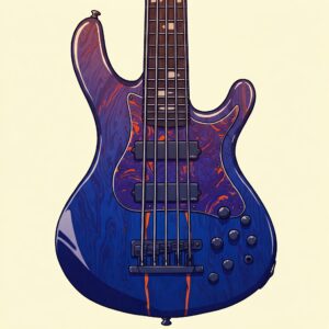 Illustration showcasing the body style and curves of a 6 string fretless bass guitar.