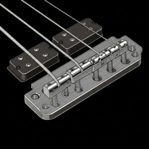 Illustration of the bridge of a 6 string fretless bass, showing the individual string saddles.