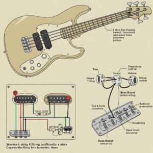 Diagram illustrating the electronic components (pickups, knobs) of a 6 string fretless bass.