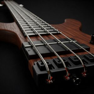 Detailed illustration of the fingerboard of a 6 string fretless bass, emphasizing the absence of frets.