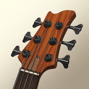 Close-up illustration of the headstock of a 6 string fretless bass, highlighting the tuning pegs.