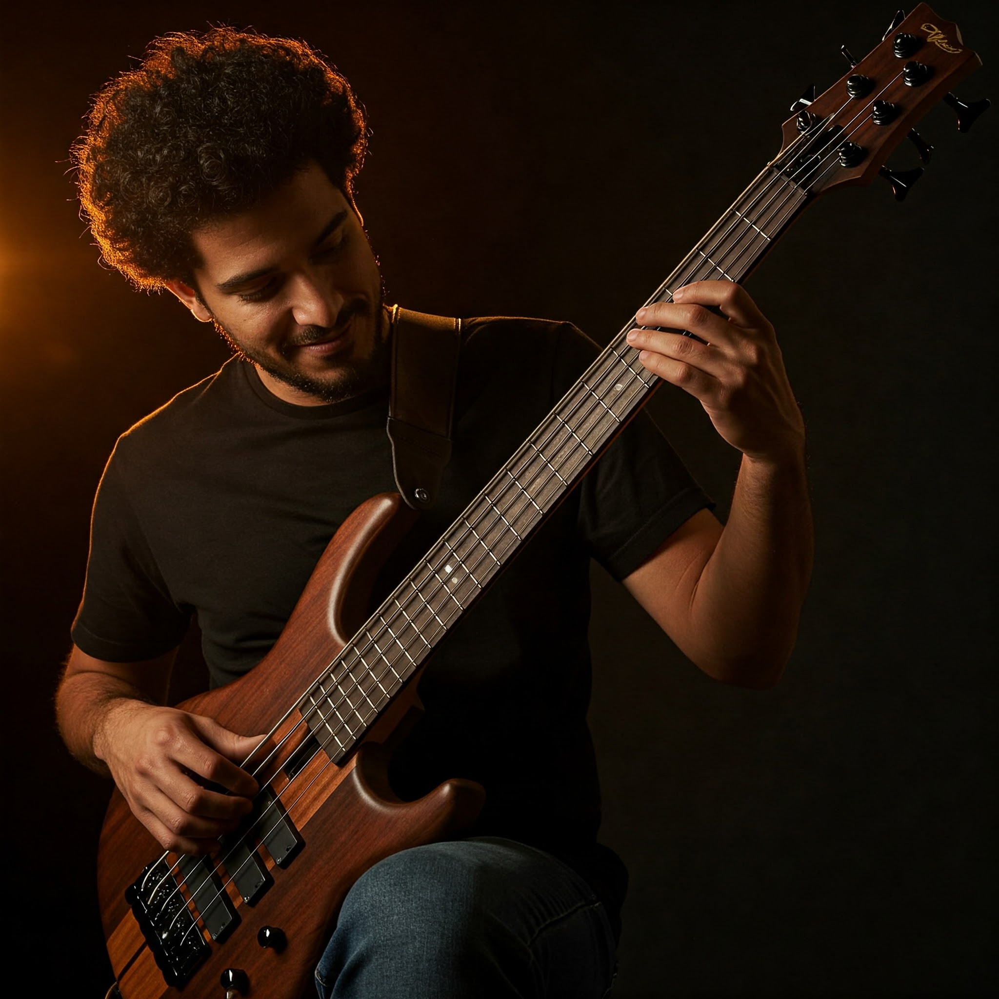 A musician playing a 6 string fretless bass guitar, showcasing its smooth neck and rich tones.