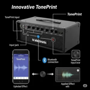 Diagram illustrating the innovative TonePrint feature on a TC Electronic bass amp, allowing custom effects.