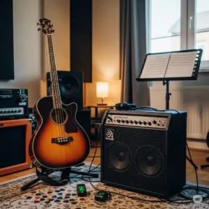 "An acoustic bass amp in a home practice room alongside an acoustic bass guitar, ready for rehearsal."