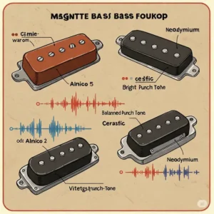 "Illustration displaying various magnet types commonly found in bass guitar pickups and their sonic characteristics."