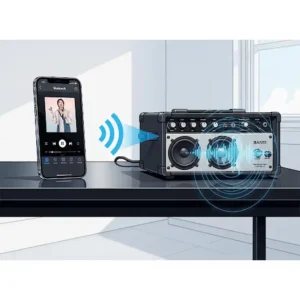 An illustration depicting a smartphone wirelessly connected via Bluetooth to a bass practice amp, showing its capability for streaming backing tracks.