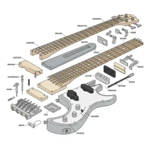 Exploded view of the individual parts of a headless bass guitar.