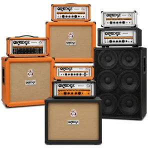 A line-up of various orange bass amps models, illustrating the range of options available from the brand for bass players.