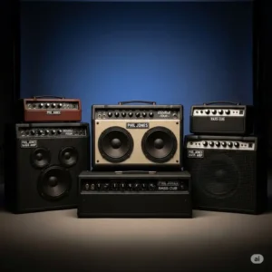 A lineup of various Phil Jones Bass Amp models, such as the Double Four and Bass Cub, showcasing the range of compact and powerful options available.