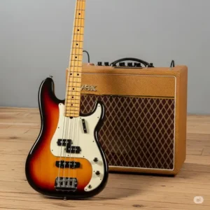 A vox bass guitar amp paired with a classic bass guitar, ready for rich, deep sound.