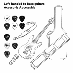 "Essential accessories for a left handed bass guitar, such as picks, straps, and cases."