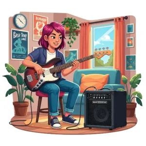 A cartoon illustration of a student practicing bass guitar at home with a dedicated bass practice amp, indicating ease of use for learning.