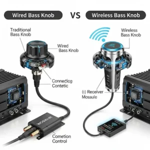 Comparative illustration showcasing the differences between a traditional wired bass knob for amp and a newer wireless option.