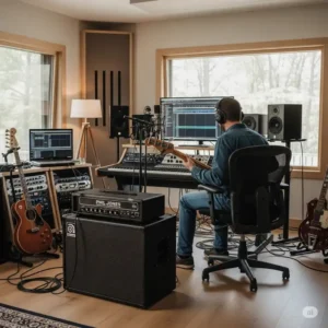 Phil Jones Bass Amp integrated into a home recording studio, highlighting its suitability for practice, recording, and professional use in smaller spaces.