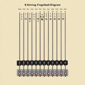Diagram of an 8 string bass fingerboard with note positions indicated.
