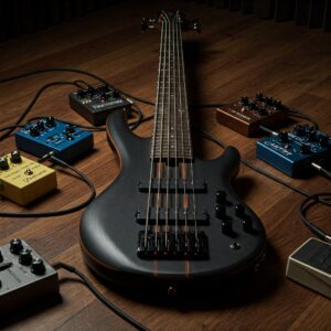 An 8 string electric bass shown with a selection of effects pedals.