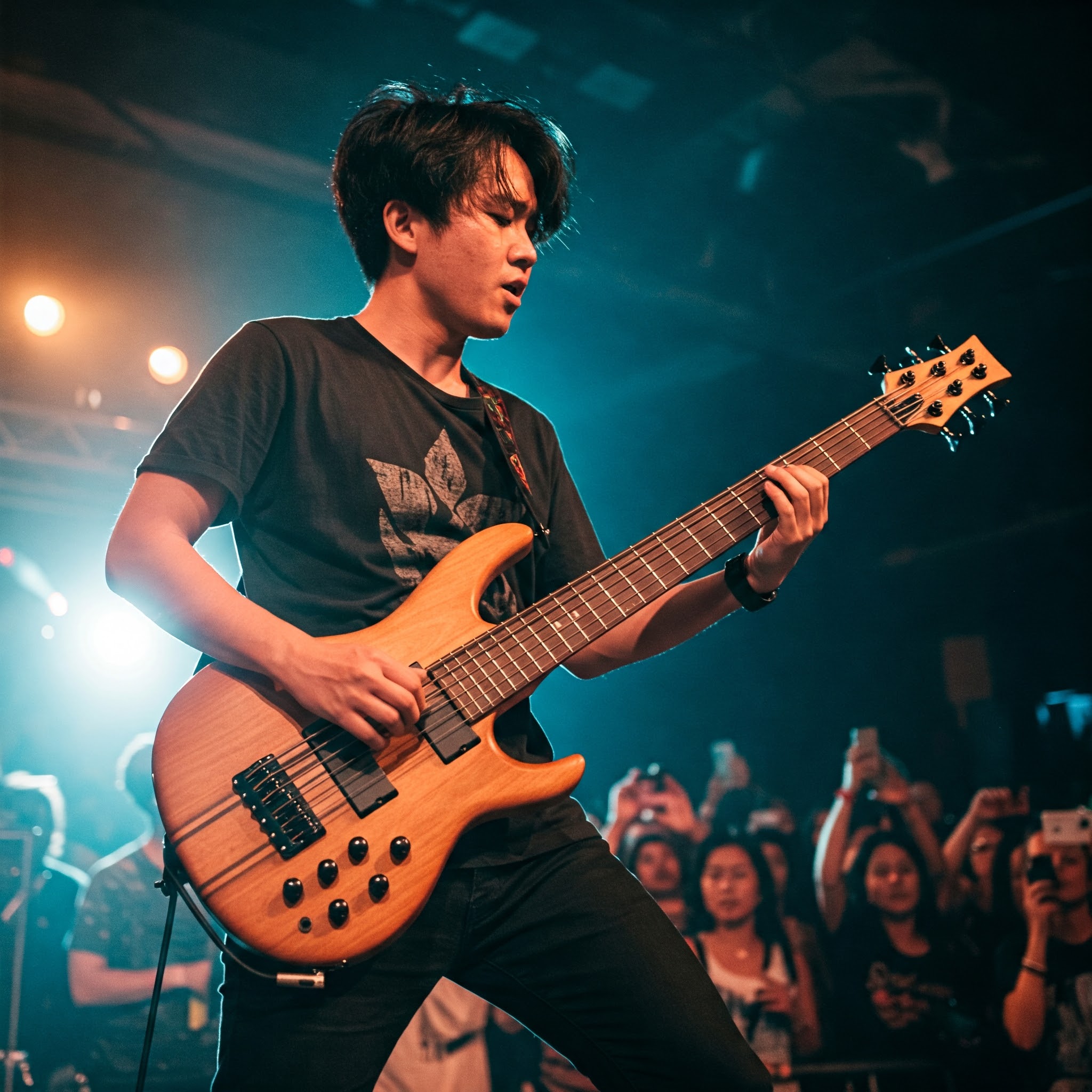 A musician passionately playing an 8 string electric bass guitar on stage.
