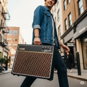 Demonstrating the portable design of a vox bass guitar amp, highlighting its convenient size for musicians on the go.