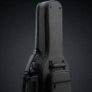 Exterior features of an acoustic bass guitar case: pockets for accessories, sturdy handles, and comfortable shoulder straps.