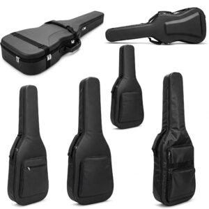 Different styles of acoustic bass guitar case including hard shell and padded gig bag options.