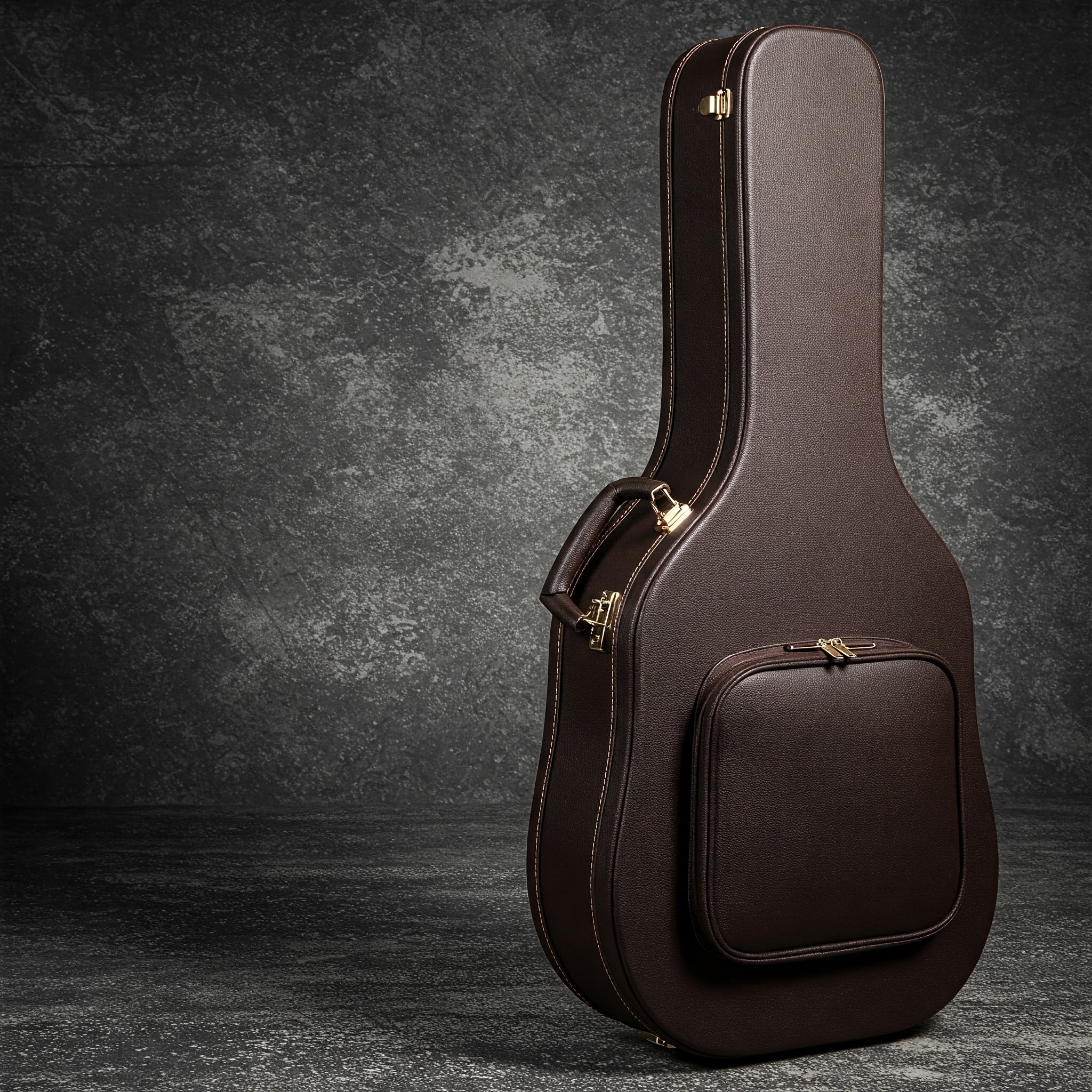 Premium acoustic bass guitar case protecting a four-string instrument.