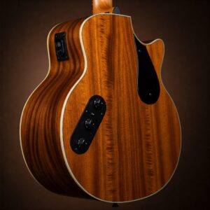 Side profile of a 5 string acoustic electric bass guitar, emphasizing its body contours and integrated electronics.