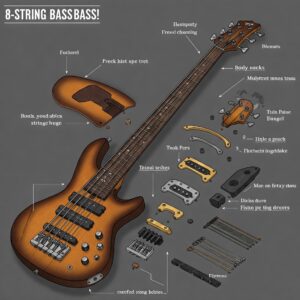 Illustrated breakdown of the different parts of an 8 string electric bass.