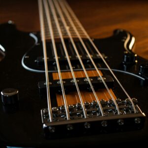 A bass guitar equipped with high-quality rotosound bass strings installed.