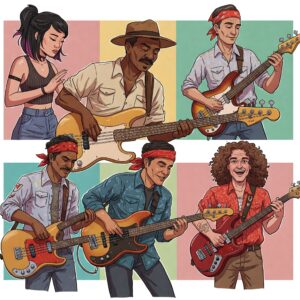 Illustration of diverse bass players using bass guitars equipped with tapewound bass strings in various musical genres.