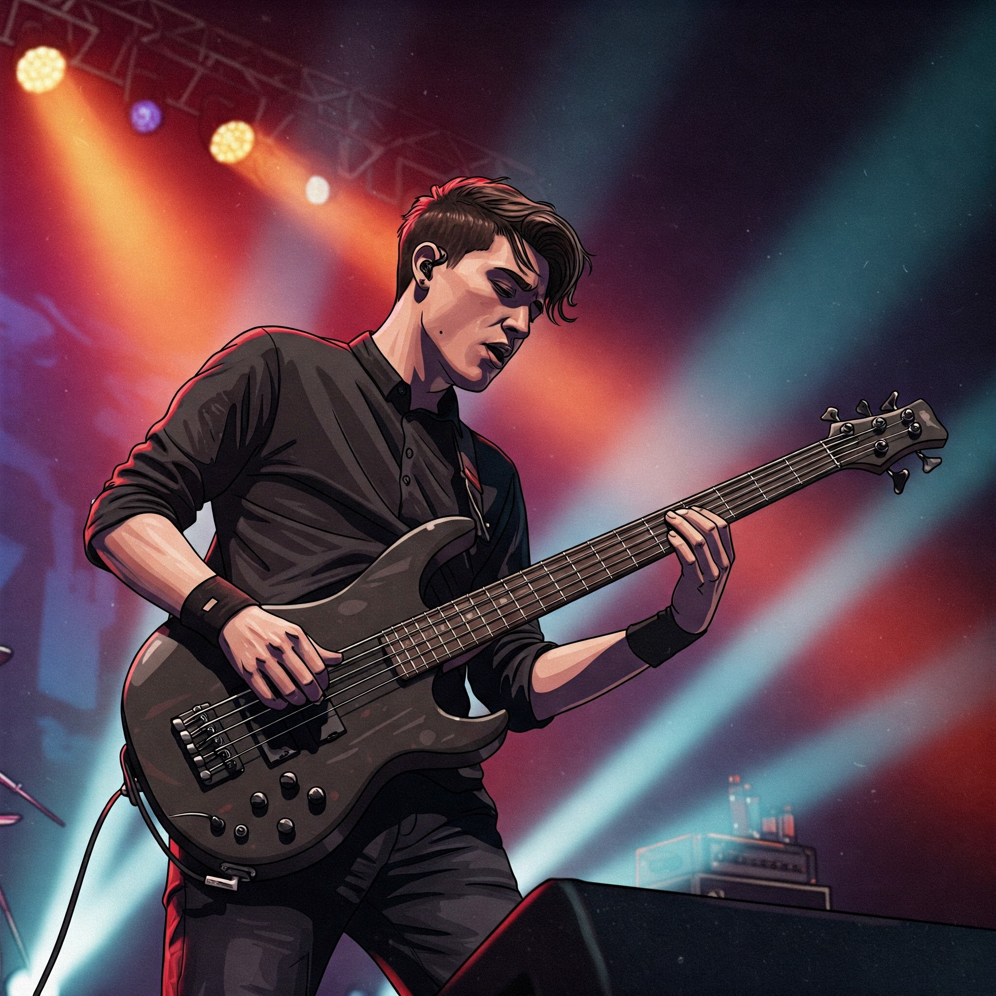 Illustration of a musician playing a 6-string electric bass guitar, demonstrating its use in performance.