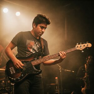 A bassist in action, playing music with rotosound bass strings on their instrument.