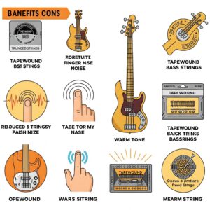 Icon-based illustration showcasing the key benefits of using tapewound bass strings, such as reduced finger noise and warm tone.