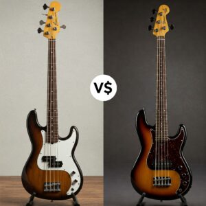 "Visual comparison highlighting the affordability of a cheap bass guitar option."