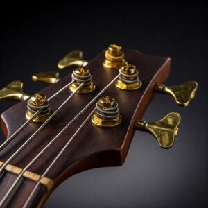Detailed view of the headstock and tuning pegs of an 8 string electric bass.