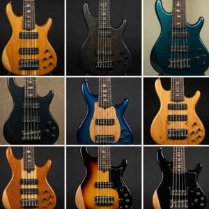 Collection of different styles and finishes of 12 string electric bass guitars.
