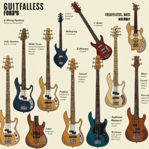 Illustration showing various models and finishes of 6 string fretless bass guitars.